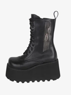 Bottes gothiques épaisses Lolita noires en cuir PU à bout rond chaussures Lolita