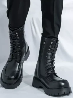Bottes habillées pour hommes bout arrondi semelle épaisse lacets bottes courtes formelles