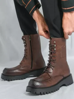 Bottes habillées pour hommes bout arrondi semelle épaisse lacets bottes courtes formelles