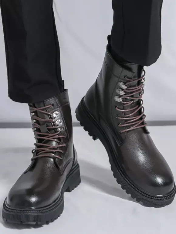 Bottes habillées pour hommes bout rond semelle épaisse lacets chaussures habillées