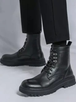 Bottes habillées pour hommes bout rond semelle épaisse lacets chaussures habillées