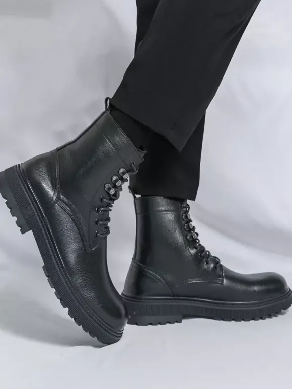 Bottes habillées pour hommes bout rond semelle épaisse lacets chaussures habillées