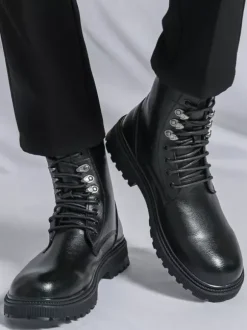 Bottes habillées pour hommes bout rond semelle épaisse lacets chaussures habillées