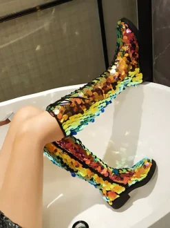 Bottes hautes à paillettes et à lacets bout rond plates pour femmes