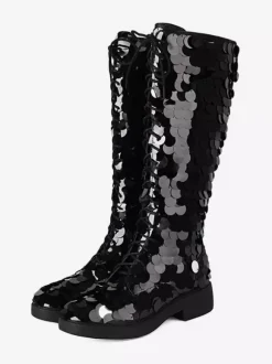 Bottes hautes à paillettes et à lacets bout rond plates pour femmes