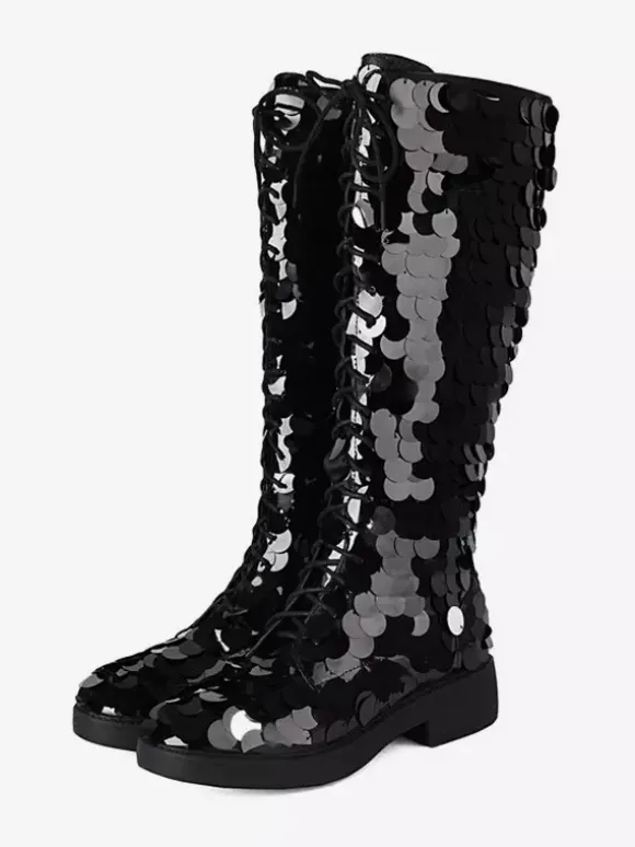 Bottes hautes à paillettes et à lacets bout rond plates pour femmes