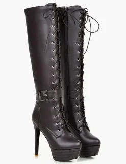 Bottes hautes à plateforme pour femme à lacets à bout rond et talon aiguille Bottes d'hiver