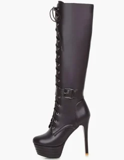 Bottes hautes à plateforme pour femme à lacets à bout rond et talon aiguille Bottes d'hiver