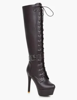 Bottes hautes à plateforme pour femme à lacets à bout rond et talon aiguille Bottes d'hiver