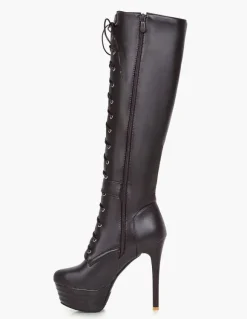 Bottes hautes à plateforme pour femme à lacets à bout rond et talon aiguille Bottes d'hiver