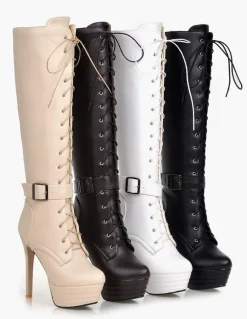 Bottes hautes à plateforme pour femme à lacets à bout rond et talon aiguille Bottes d'hiver