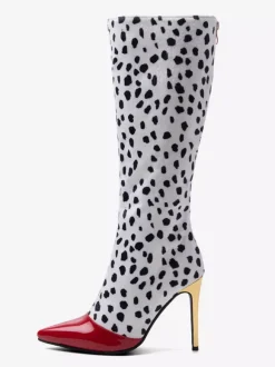 Bottes hautes à talons hauts rouges à pois patchwork pour femmes