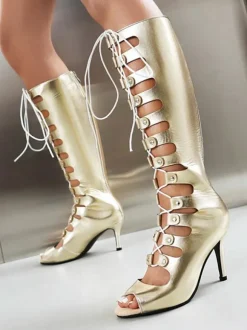 Bottes hautes au genou pour femmes sandales à talons hauts découpées et à bout rond