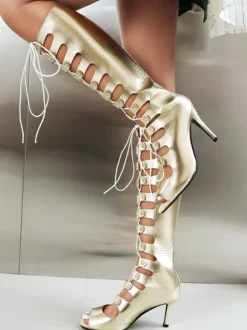 Bottes hautes au genou pour femmes sandales à talons hauts découpées et à bout rond