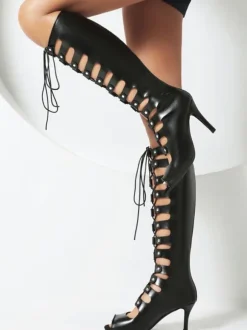 Bottes hautes au genou pour femmes sandales à talons hauts découpées et à bout rond
