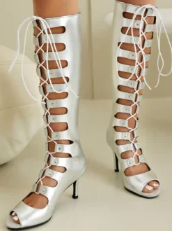 Bottes hautes au genou pour femmes sandales à talons hauts découpées et à bout rond