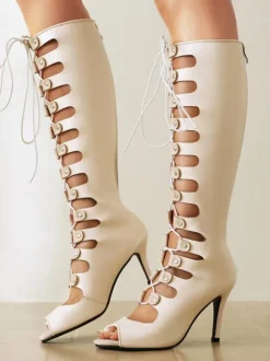 Bottes hautes au genou pour femmes sandales à talons hauts découpées et à bout rond
