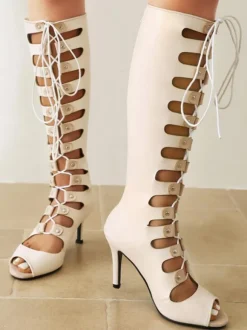 Bottes hautes au genou pour femmes sandales à talons hauts découpées et à bout rond