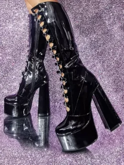 Bottes hautes au genou roses Plateforme supérieure en PU verni Talon épais Boucle Détail Bottes sexy