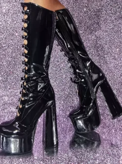 Bottes hautes au genou roses Plateforme supérieure en PU verni Talon épais Boucle Détail Bottes sexy