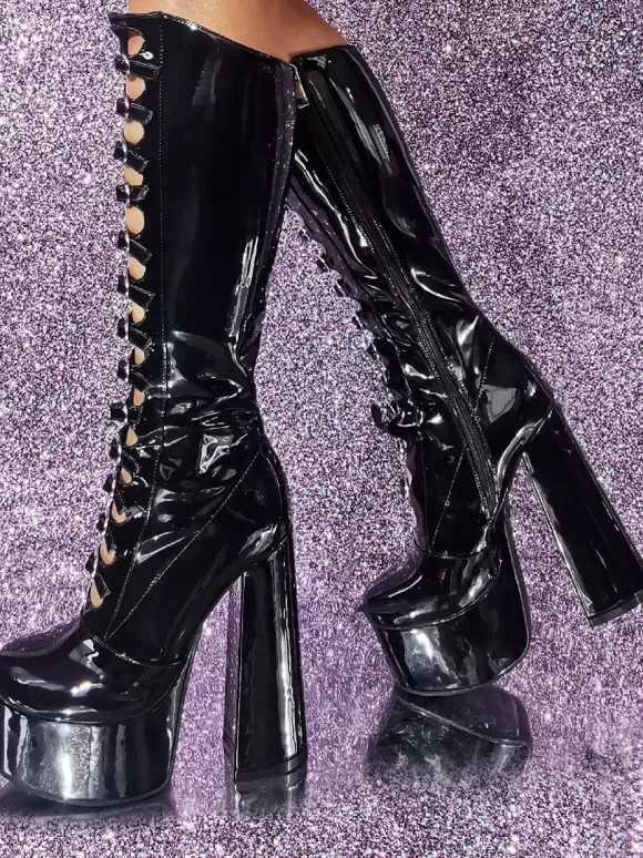 Bottes hautes au genou roses Plateforme supérieure en PU verni Talon épais Boucle Détail Bottes sexy