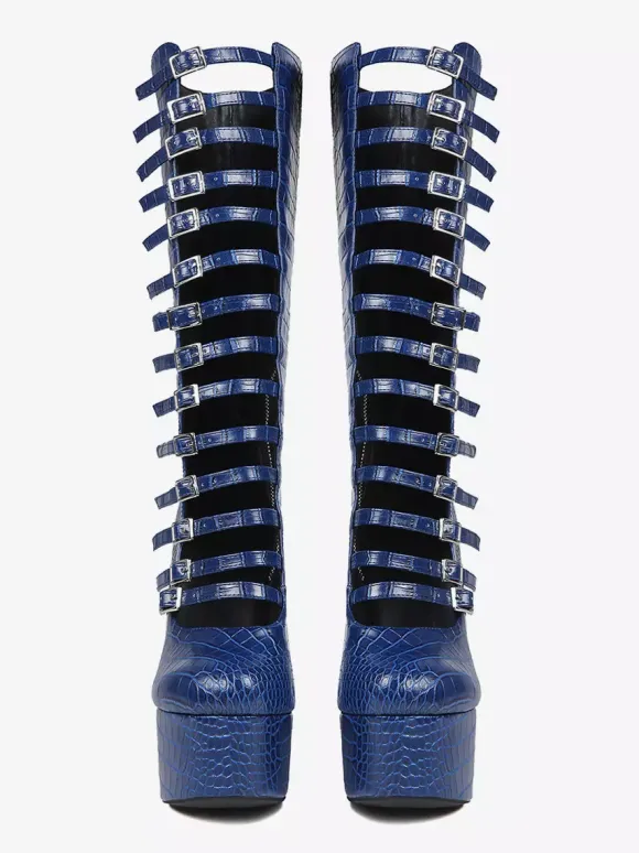 Bottes hautes bleues à plateforme et talons épais grande taille avec boucle