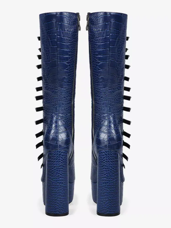 Bottes hautes bleues à plateforme et talons épais grande taille avec boucle