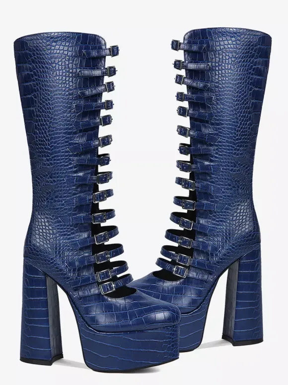 Bottes hautes bleues à plateforme et talons épais grande taille avec boucle