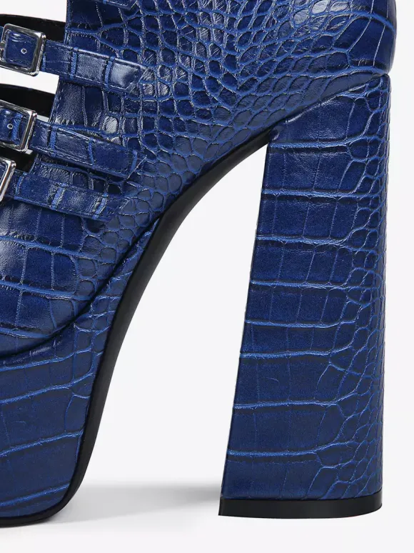 Bottes hautes bleues à plateforme et talons épais grande taille avec boucle