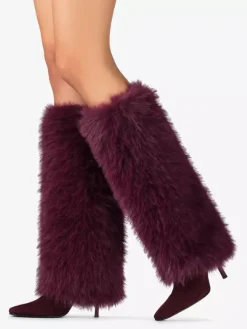 Bottes hautes bordeaux pour femmes bout pointu talons hauts en fausse fourrure.