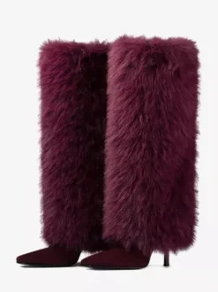 Bottes hautes bordeaux pour femmes bout pointu talons hauts en fausse fourrure.