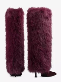 Bottes hautes bordeaux pour femmes bout pointu talons hauts en fausse fourrure.