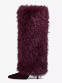 Bottes hautes bordeaux pour femmes bout pointu talons hauts en fausse fourrure.