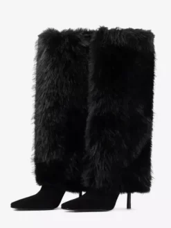 Bottes hautes bordeaux pour femmes bout pointu talons hauts en fausse fourrure.