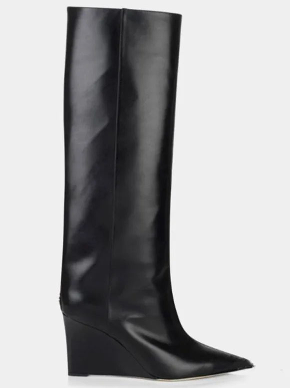 Bottes hautes dorées à bout pointu et talons compensés