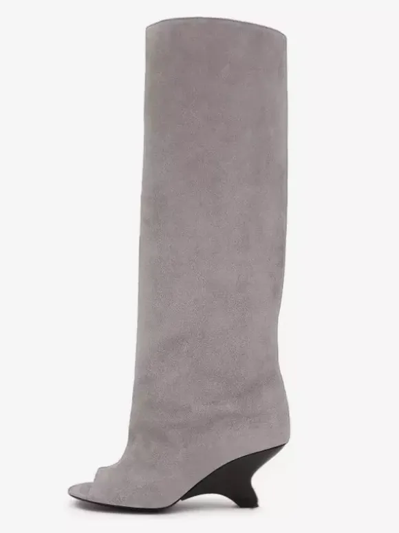 Bottes hautes en daim à bout ouvert et talon design