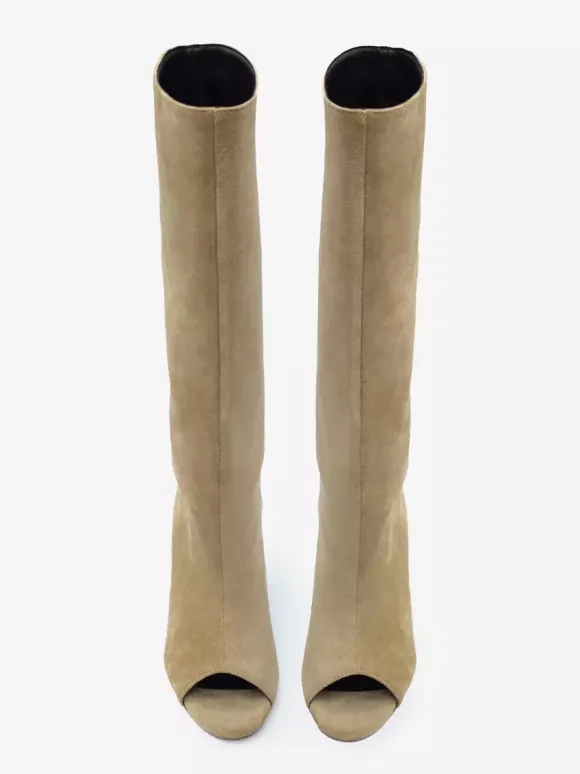 Bottes hautes en daim à bout ouvert et talon design
