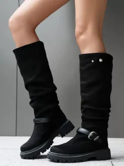 Bottes hautes en daim femmes bottes plates noires à bout rond