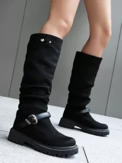 Bottes hautes en daim femmes bottes plates noires à bout rond