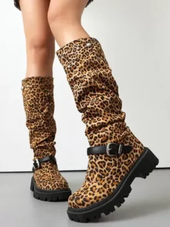 Bottes hautes en daim femmes bottes plates noires à bout rond