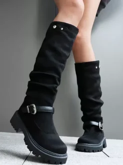 Bottes hautes en daim femmes bottes plates noires à bout rond