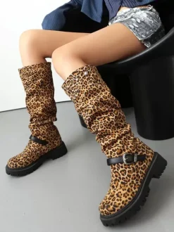Bottes hautes en daim femmes bottes plates noires à bout rond