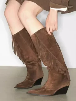 Bottes hautes en daim pour femmes bout pointu talon compensé et pompons