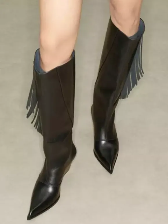 Bottes hautes en daim pour femmes bout pointu talon compensé et pompons