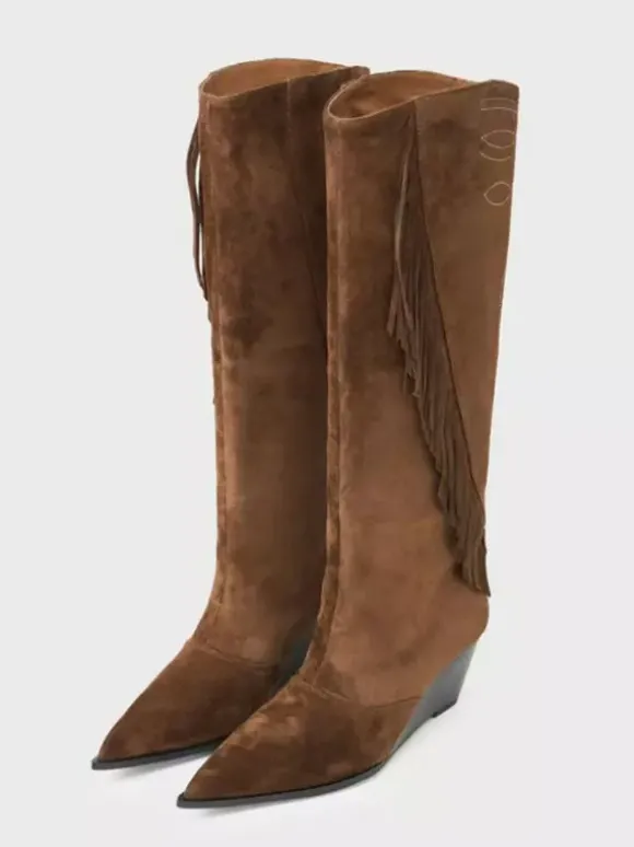Bottes hautes en daim pour femmes bout pointu talon compensé et pompons