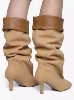 Bottes hautes en daim pour femmes bottes à talons hauts à bout carré et à mollet large