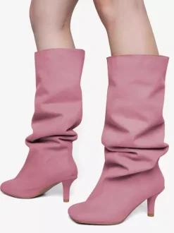Bottes hautes en daim pour femmes bottes à talons hauts à bout carré et à mollet large