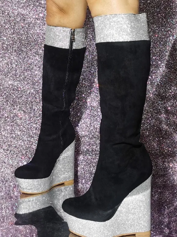 Bottes hautes en micro suède à talon compensé pour femmes