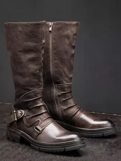Bottes Hautes Hommes En Cuir En Boucle Bottes De Chevalier Classique Marron Café