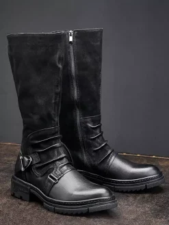 Bottes Hautes Hommes En Cuir En Boucle Bottes De Chevalier Classique Marron Café
